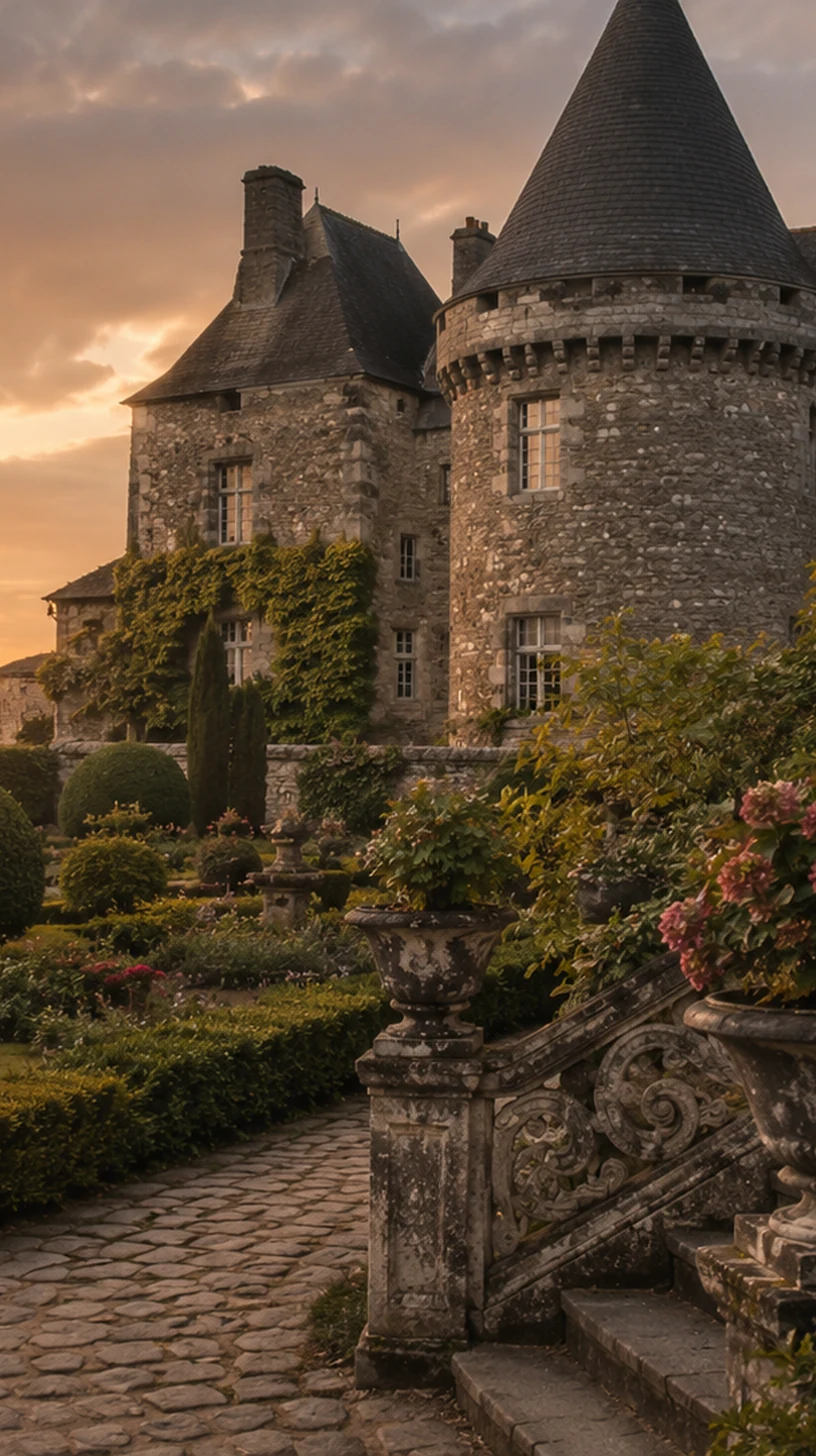 Château historique en pierre, jardin ancien et lumière dorée
