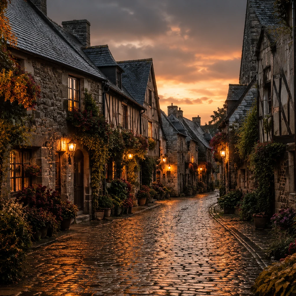 Ruelle médiévale avec lanternes et pavés