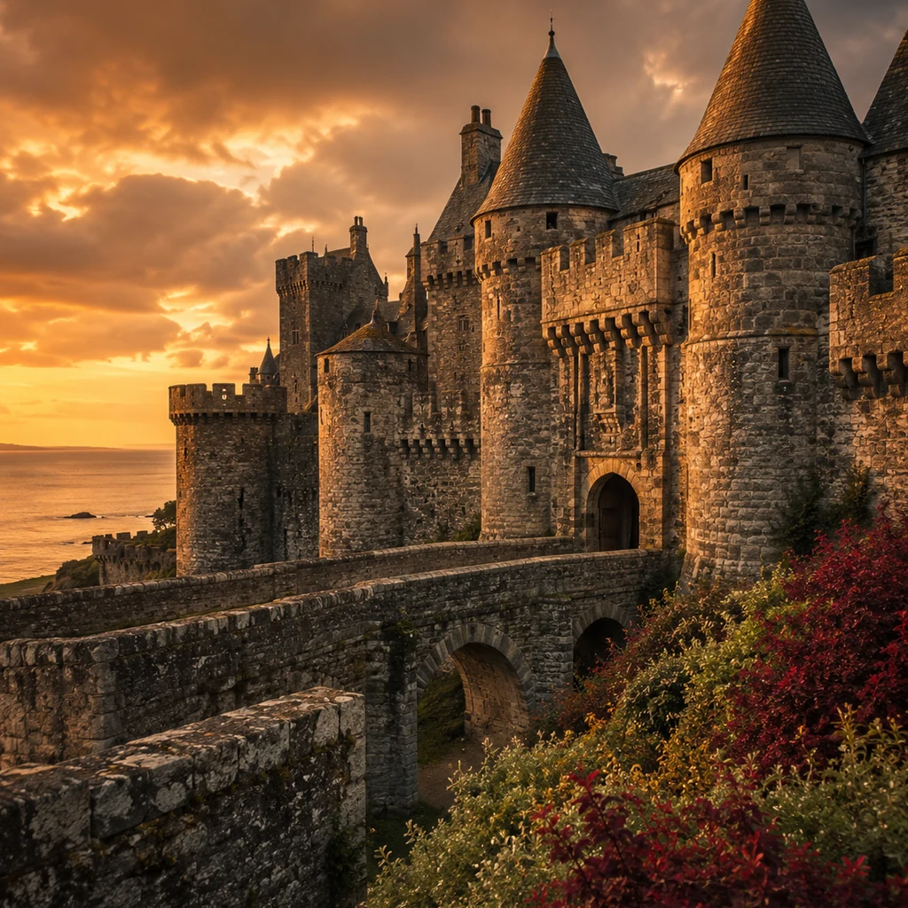 Forteresse médiévale avec tours, pont et murs de pierre
