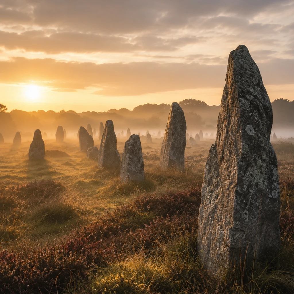 Site mégalithique et paysage historique au lever du soleil