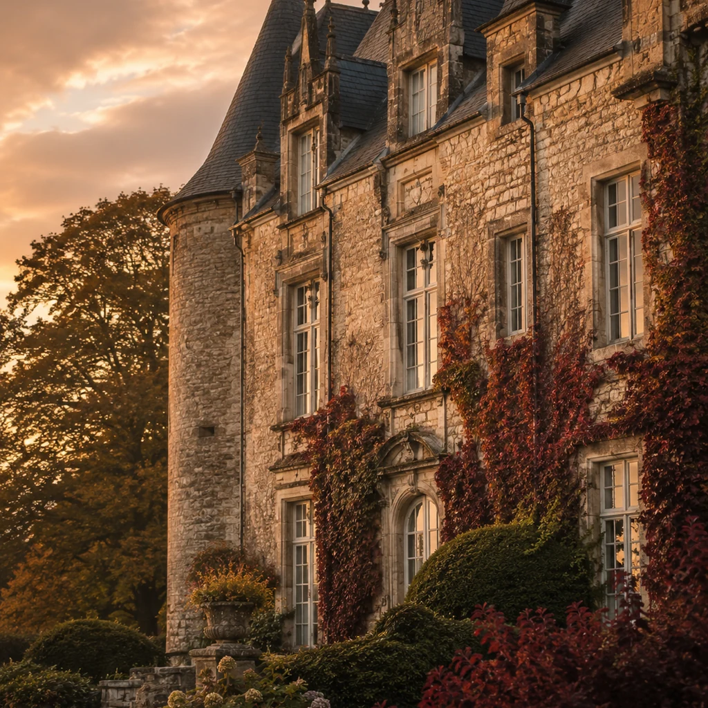 Voyageuse devant un château historique en fin de journée