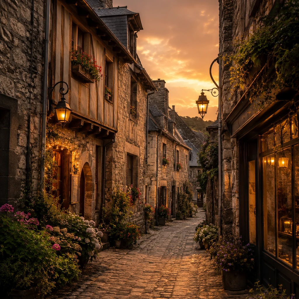 Couple dans une ruelle médiévale illuminée